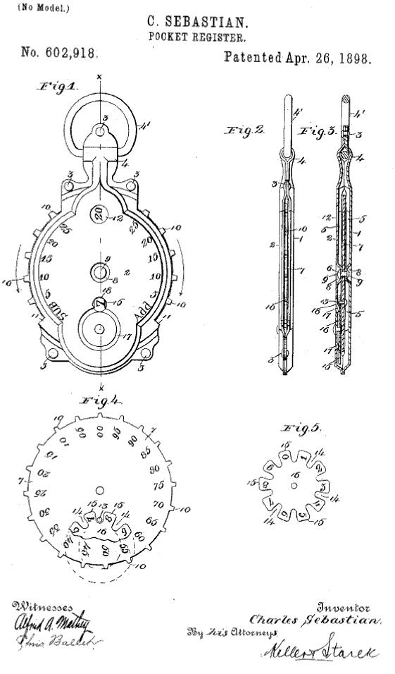 Patent 602918 Pocket Cash Register of C. Sebastian